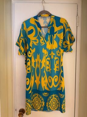 Bright Teal and Yellow Printed Midi Dress